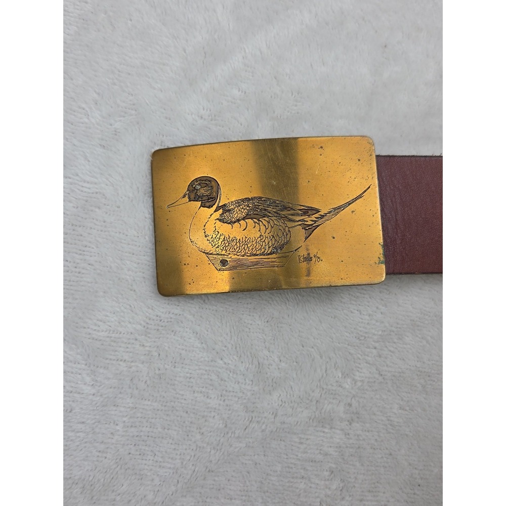 1975 Donovan Kindle Etched Mallard Duck Ampersand Brass Belt Buckle Signed Vtg